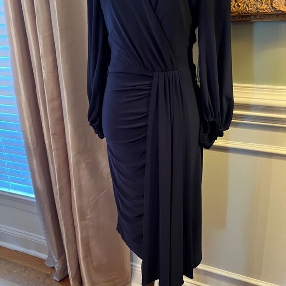 NWT Eliza J Ruched & Draped Navy Blue V-Neck Stretch Jersey Dress Size 10 - Picture 3 of 3